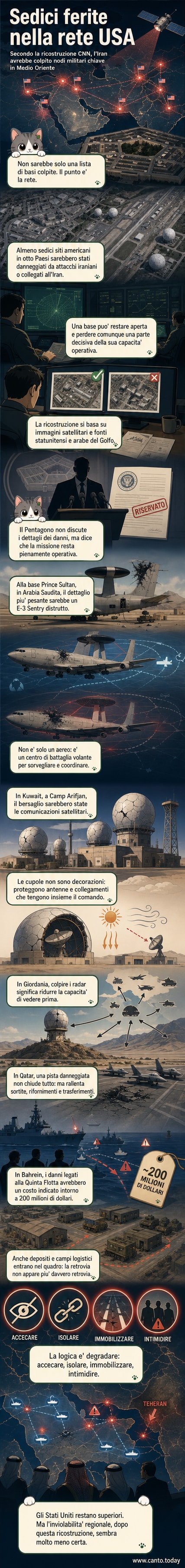 Pannello illustrato che mostra una mappa del Medio Oriente con icone di basi militari statunitensi colpite da attacchi iraniani, evidenziando danni a radar, comunicazioni e infrastrutture chiave.