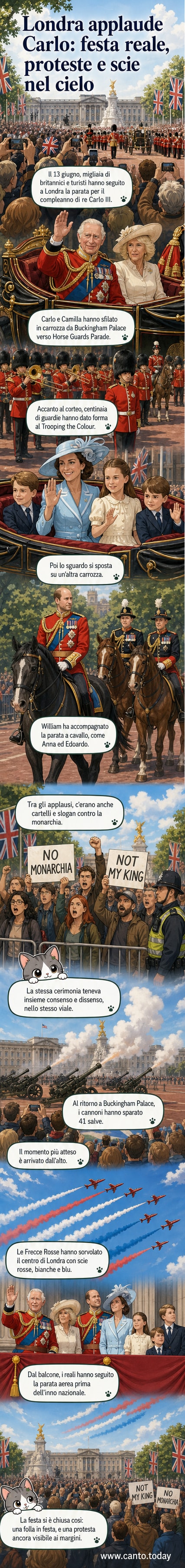 La famiglia reale britannica in carrozza durante la parata di compleanno di re Carlo III a Londra, con le Frecce Rosse in volo sopra The Mall.