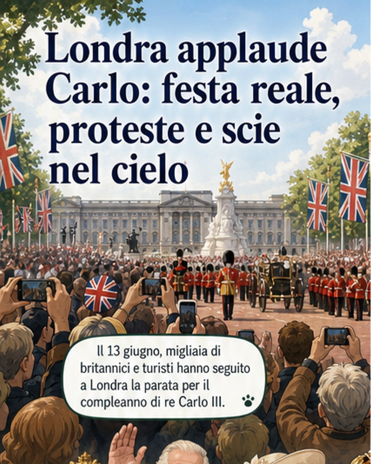 La famiglia reale britannica in carrozza durante la parata di compleanno di re Carlo III a Londra, con le Frecce Rosse in volo sopra The Mall.