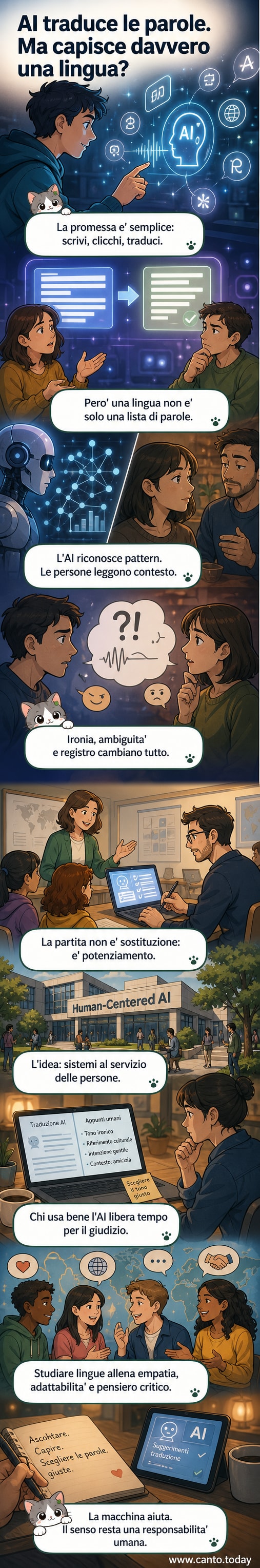 Illustrazione di una persona che parla con diverse lingue, mentre un'intelligenza artificiale traduce meccanicamente parole su uno schermo, ma non coglie le sfumature emotive e culturali della conversazione.