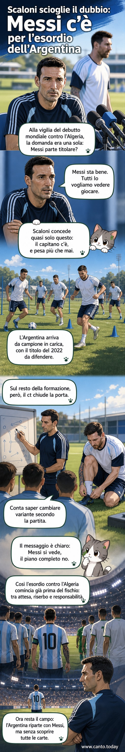 Illustrazione di Messi in maglia azzurra e bianca, in campo con lo sguardo determinato, mentre Scaloni parla in conferenza stampa sullo sfondo.