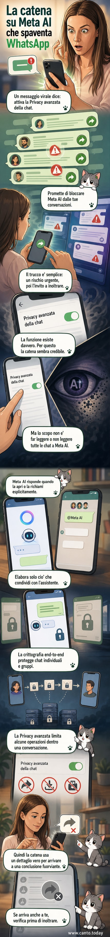 Illustrazione di un telefono con chat WhatsApp e un'icona di allerta che circola tra utenti, con un simbolo di verifica che corregge un messaggio virale fuorviante.