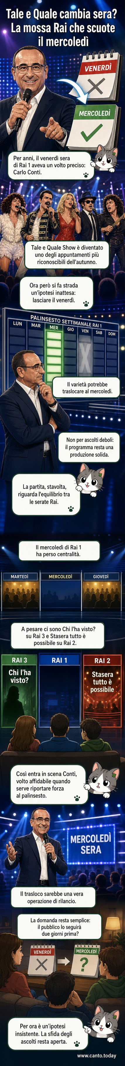 Illustrazione di un palinsesto televisivo con il logo di Tale e Quale Show che si sposta dal venerdì al mercoledì, e Carlo Conti che guarda l'orologio.