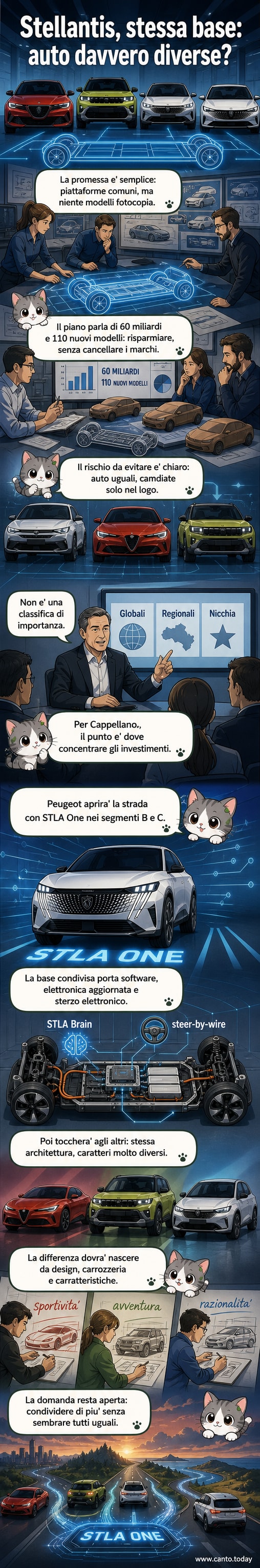 Illustrazione di tre auto diverse con i logo Alfa Romeo, Jeep e Peugeot allineate su una piattaforma tecnologica comune, con circuiti elettrici stilizzati in background.