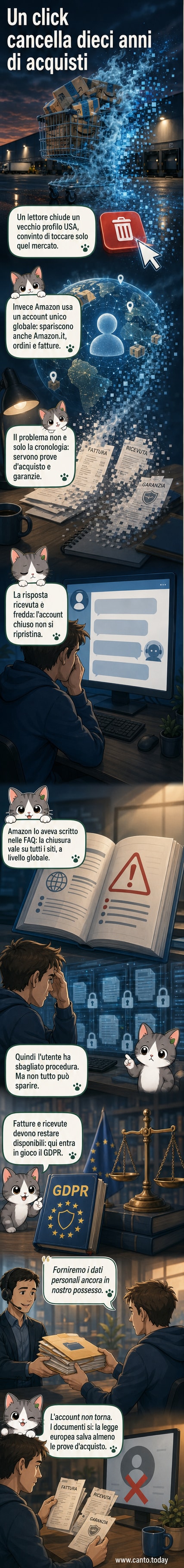 Un uomo guarda il telefono con un'icona di Amazon cancellata, mentre documenti e fatture volano via come foglie al vento.