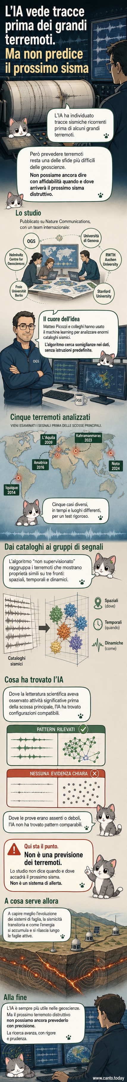 Illustrazione di un algoritmo che analizza onde sismiche provenienti da diverse faglie geologiche, con grafici e dati sovrapposti in stile tecnologico.