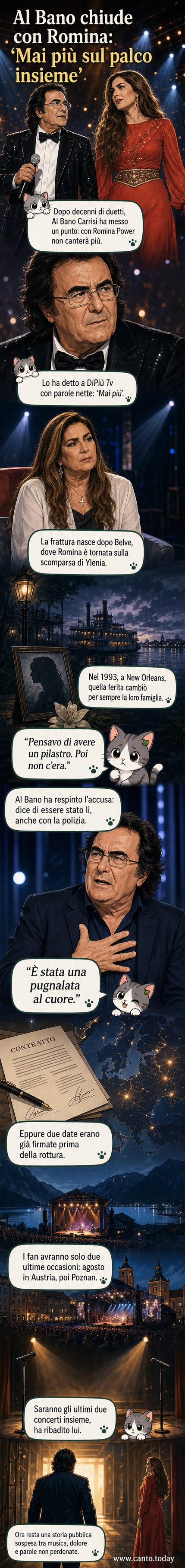 Illustrazione stilizzata di Al Bano e Romina Power su un palco vuoto, con luci di scena che si spengono, simbolo della fine del loro sodalizio artistico.