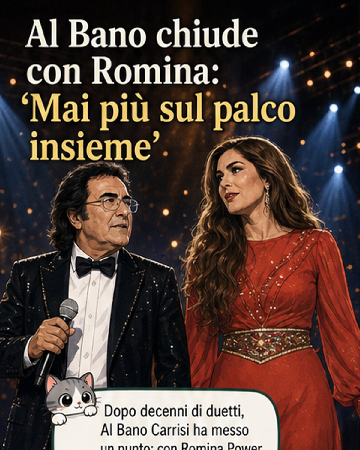 Illustrazione stilizzata di Al Bano e Romina Power su un palco vuoto, con luci di scena che si spengono, simbolo della fine del loro sodalizio artistico.
