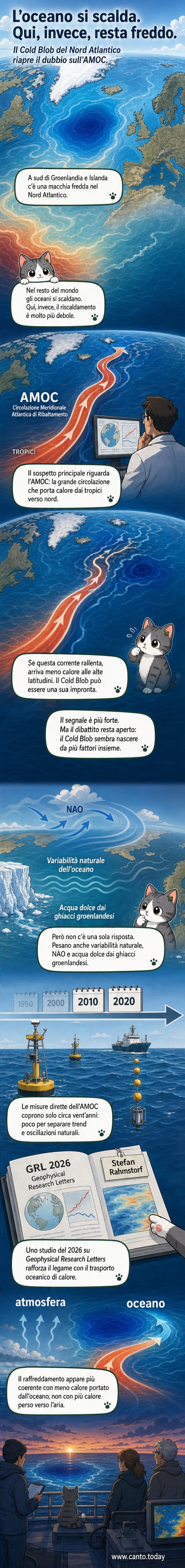 Mappa dell'Oceano Atlantico con un'area fredda evidenziata a sud della Groenlandia, circondata da acque più calde, con frecce che indicano il rallentamento delle correnti oceaniche.