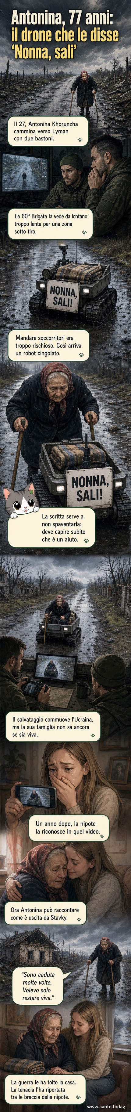 Illustrazione di una donna anziana che sale su un piccolo veicolo robotico in una strada distrutta, con la scritta 'Nonna sali!' visibile su un telo, mentre in cielo sorvola un drone.