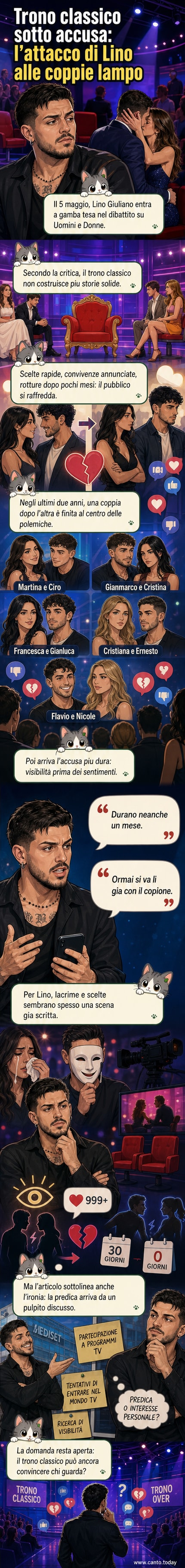 Illustrazione satirica di una coppia che si abbraccia su un divano rosso, mentre fuori dallo studio una nuvola di 'visibilità' e 'copione' li sovrasta