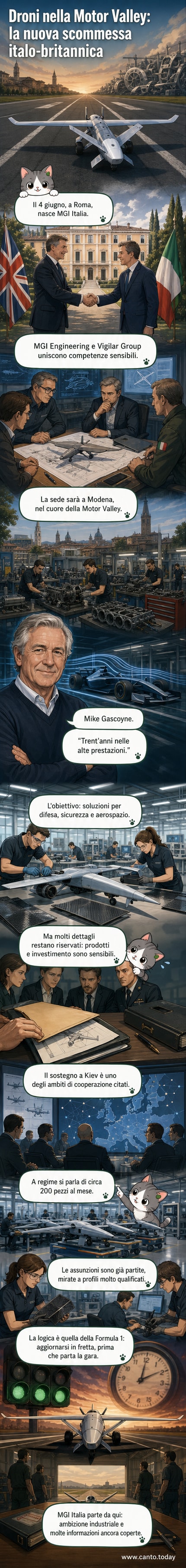 Illustrazione di un drone militare in volo sopra la Motor Valley, con i loghi di aziende britanniche e italiane che collaborano in primo piano.