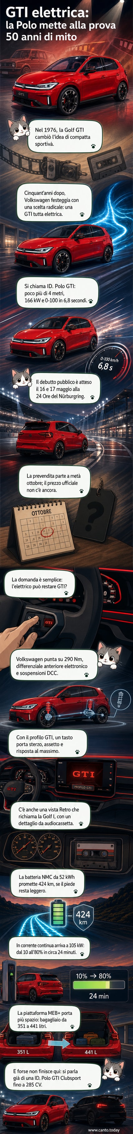 Render della Volkswagen ID. Polo GTI in rosso metallizzato, con striscia GTI frontale, cerchi da 19 pollici e interni con dettagli rossi e tessuto tartan, in un circuito notturno.