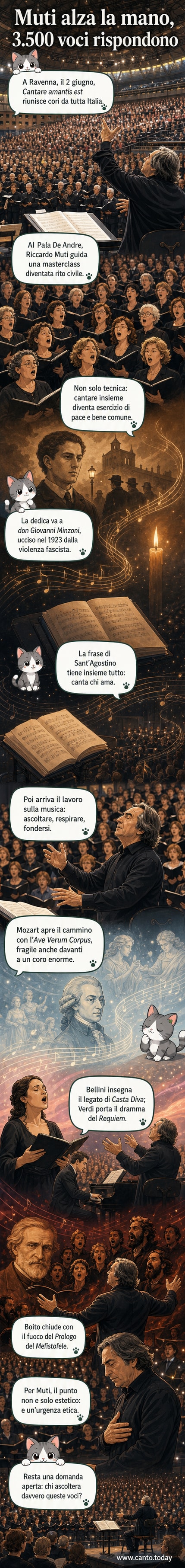 Un vasto coro di migliaia di persone canta sotto la direzione del maestro Riccardo Muti in un palazzetto di Ravenna, con luci soffuse e grande intensità emotiva.