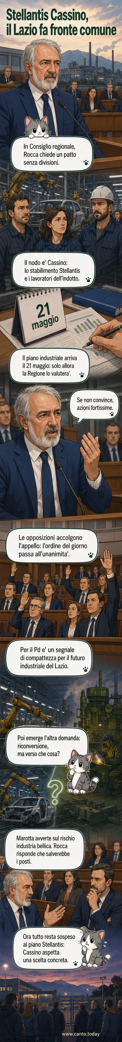 Illustrazione di un'assemblea regionale con bandiere del Lazio e lavoratori dello stabilimento Stellantis di Cassino, simbolo di unità istituzionale per difendere l'occupazione.