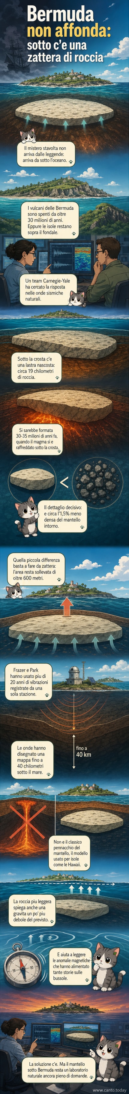 Illustrazione schematica delle Bermuda con una grande zattera rocciosa sotto l'oceano che la sostiene, con linee che mostrano onde sismiche e anomalie gravitazionali.