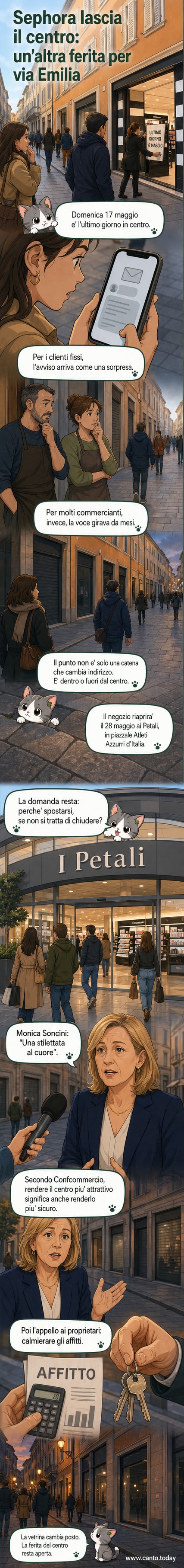 Vetrina vuota di un negozio Sephora nel centro di Reggio Emilia con un cartello 'Chiuso' e la strada semideserta, in contrasto con l'immagine di un centro commerciale moderno in background.