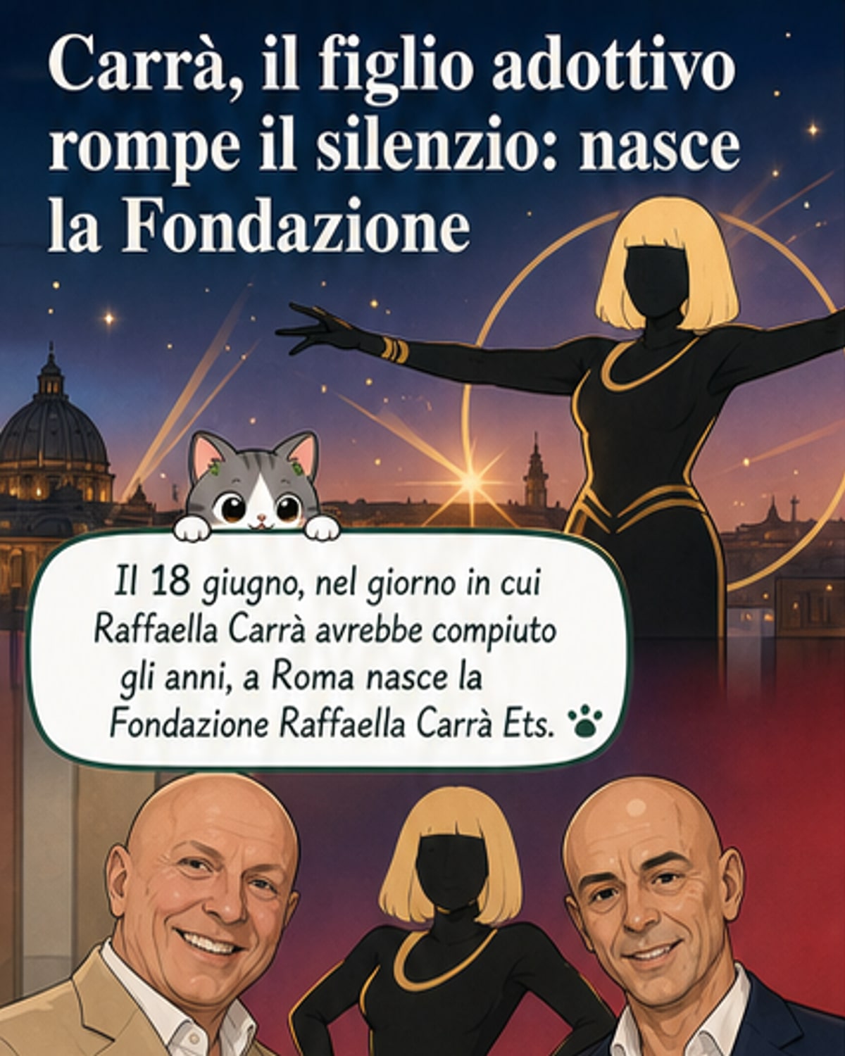 Illustrazione di Raffaella Carrà con il figlio adottivo Gian Luca Pelloni, circondati da elementi simbolici della sua carriera e della fondazione.