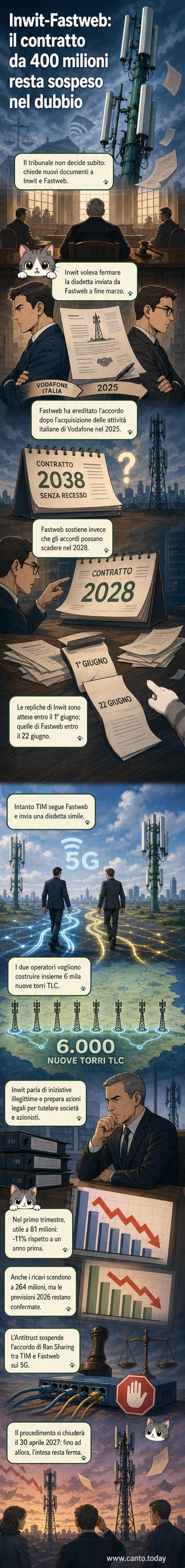 Illustrazione di due torri di telecomunicazione contrapposte, con un tribunale e documenti legali in primo piano, simbolo dello scontro tra Inwit e Fastweb.