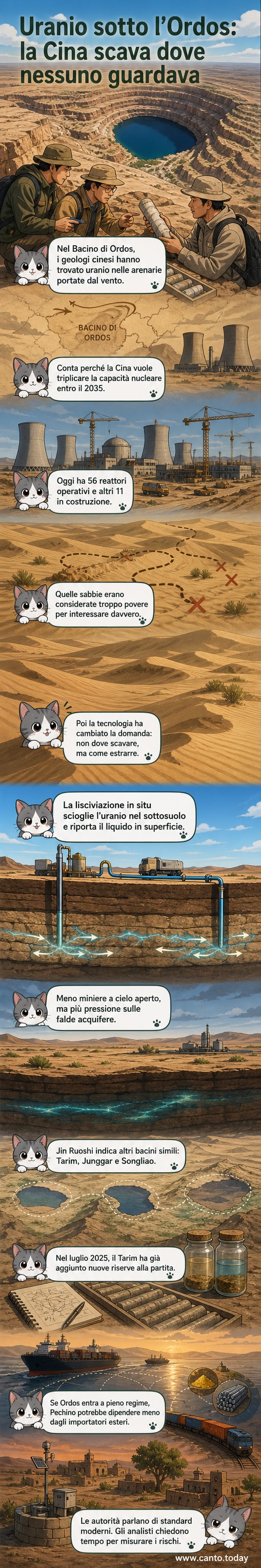 Illustrazione di un deserto con tubi sotterranei che estraggono uranio da falde nascoste, mentre reattori nucleari si stagliano all'orizzonte.