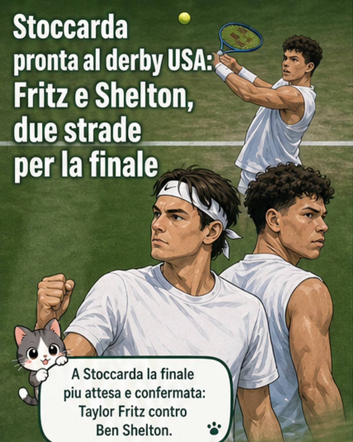 Due tennisti americani, Fritz e Shelton, si fronteggiano in finale su un campo erboso, con il pubblico in primo piano.