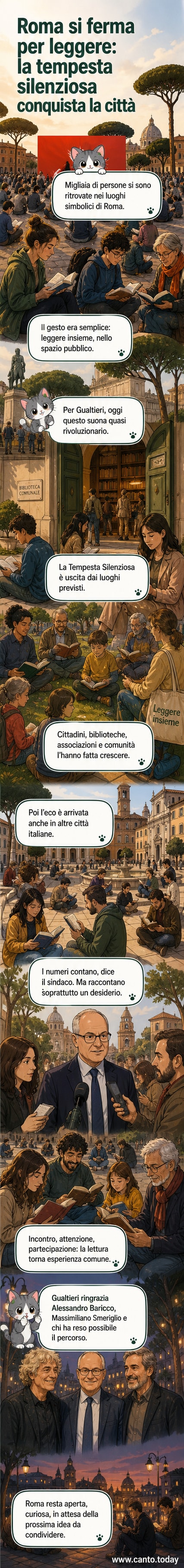 Illustrazione di una piazza a Roma piena di persone sedute su sedie e tappeti, che leggono insieme in silenzio, con libri aperti in mano e cartelli con citazioni appesi intorno.