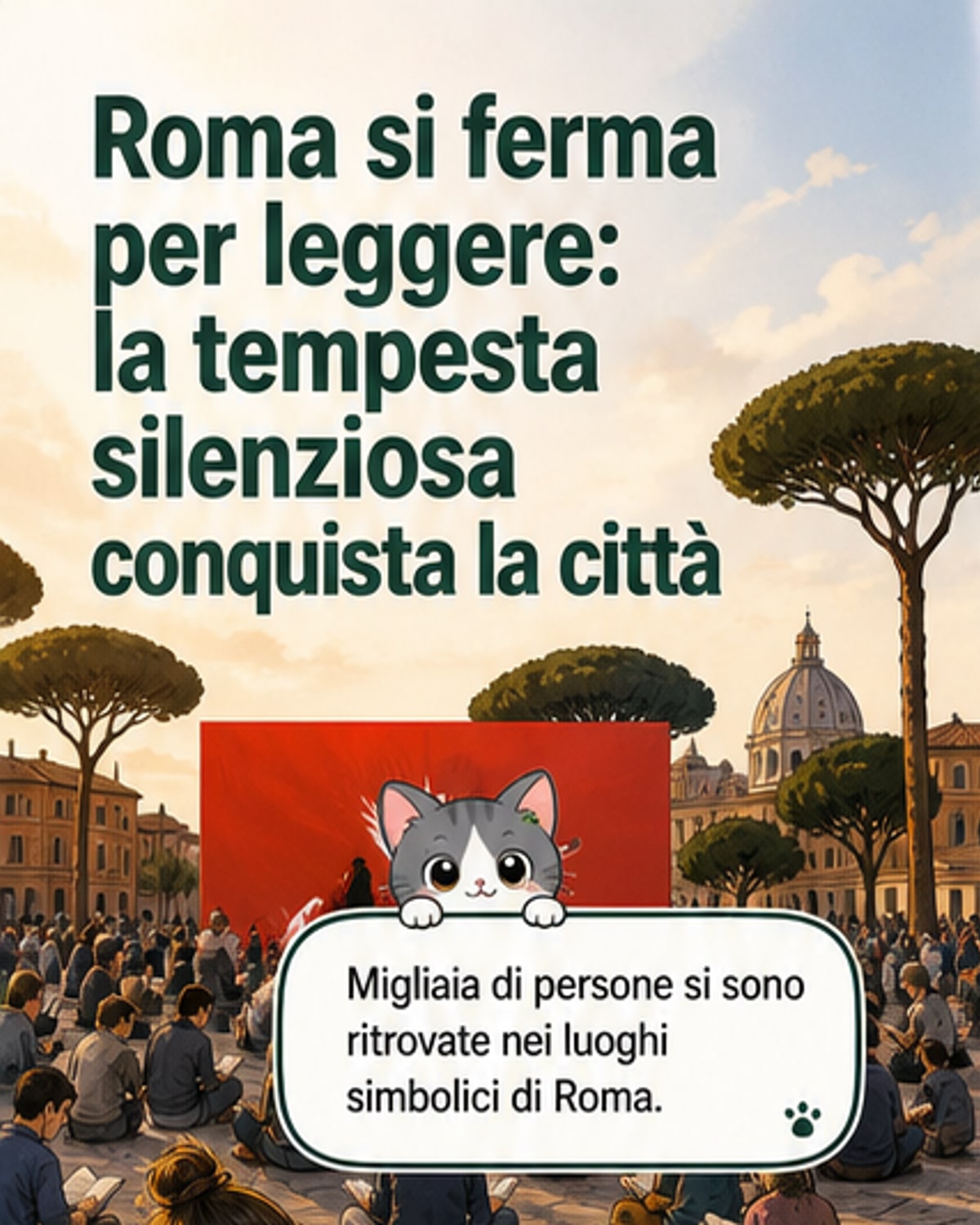 Illustrazione di una piazza a Roma piena di persone sedute su sedie e tappeti, che leggono insieme in silenzio, con libri aperti in mano e cartelli con citazioni appesi intorno.