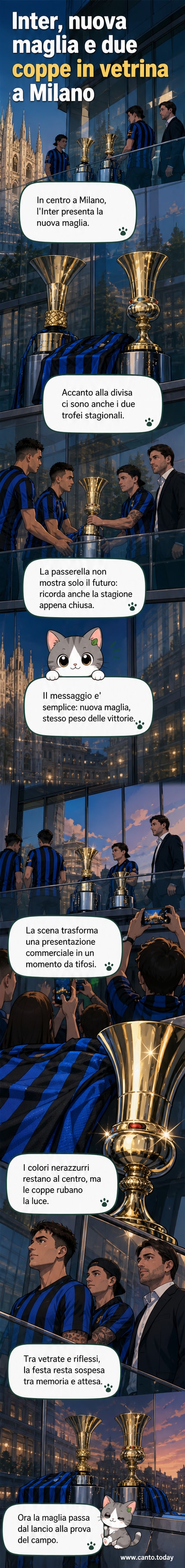 Giocatori dell'Inter mostrano la nuova maglia in un evento pubblico a Milano, con i trofei della stagione esposti su un podio alle loro spalle.
