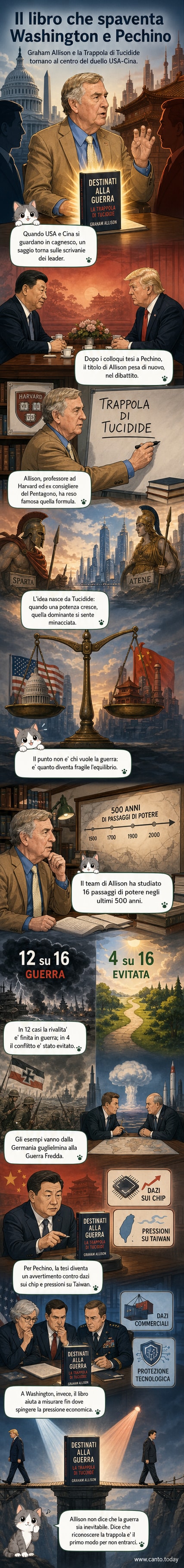 Illustrazione stilizzata di un libro aperto con sopra le sagome stilizzate di Xi Jinping e Donald Trump, con un'ombra di tensione tra le due figure.