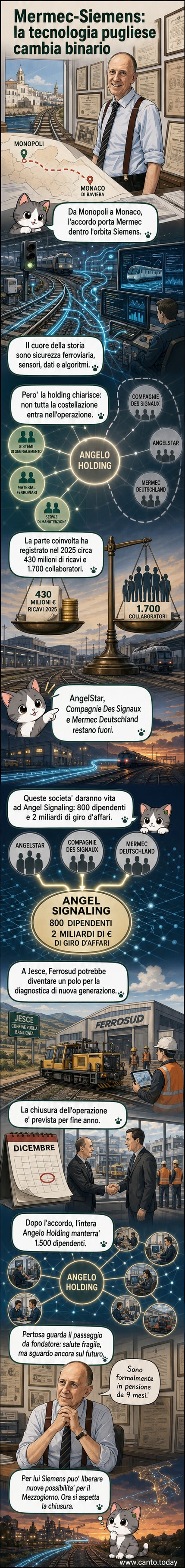 Illustrazione di un treno ad alta tecnologia che collega Monopoli a Monaco di Baviera, con sensori e dati digitali che fluiscono tra Puglia e Germania.