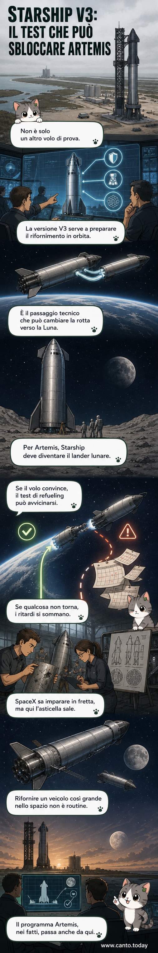 Rappresentazione illustrata del razzo Starship V3 in fase di lancio, con dettagli tecnici sul rifornimento orbitale e il suo ruolo nel programma Artemis della NASA.