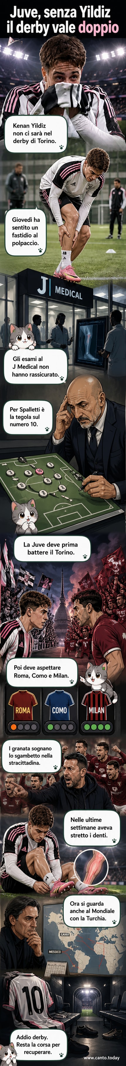 Illustrazione di un calciatore infortunato che si tocca il polpaccio, con lo stadio del derby sullo sfondo.