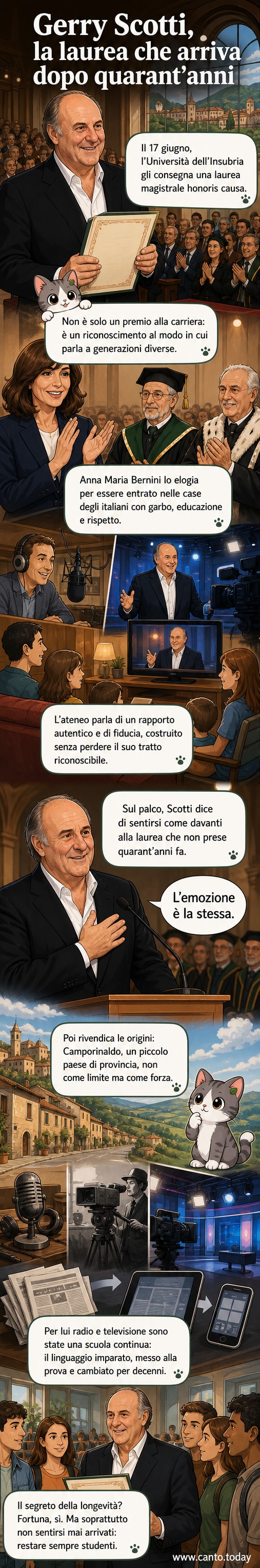 Gerry Scotti sul palco dell'Università dell'Insubria riceve il titolo honoris causa, circondato da autorità accademiche e con un'espressione emozionata.
