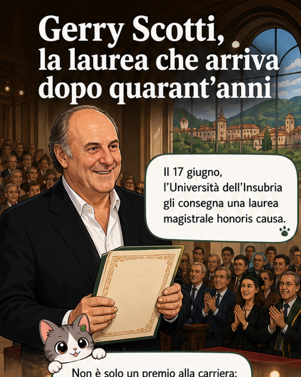 Gerry Scotti sul palco dell'Università dell'Insubria riceve il titolo honoris causa, circondato da autorità accademiche e con un'espressione emozionata.
