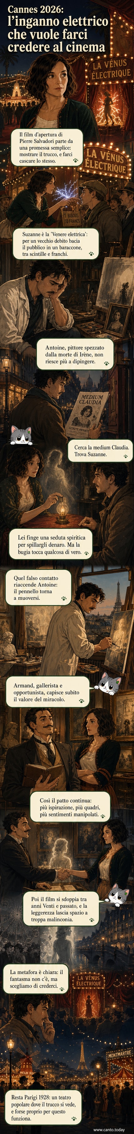 Illustrazione di una donna in abiti d'epoca anni '20 su un palco, circondata da luci elettriche, mentre un pittore la osserva da dietro un cavalletto in penombra.
