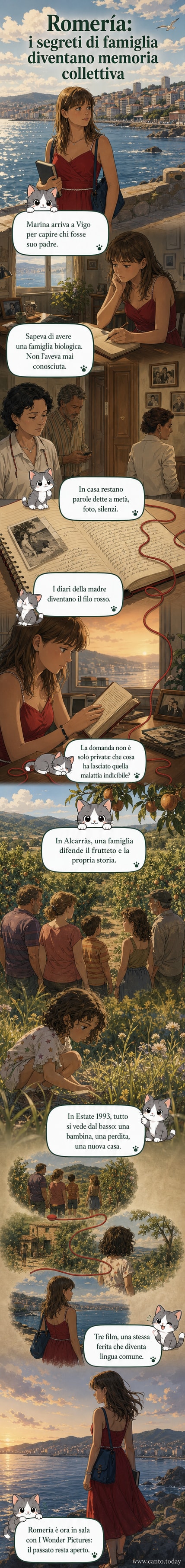 Scena dal film 'Romería – Il mare dei ricordi' con la giovane protagonista in riva al mare, circondata da immagini di famiglia e ricordi nascosti.