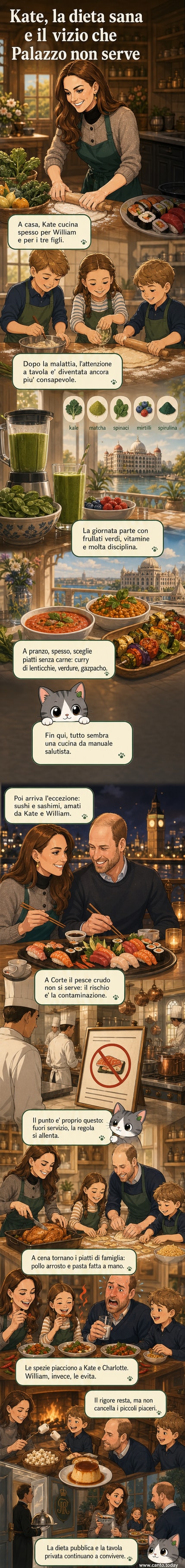 Illustrazione di Kate Middleton in cucina con i figli, mentre prepara una cena vegetariana con un piatto di sushi in secondo piano