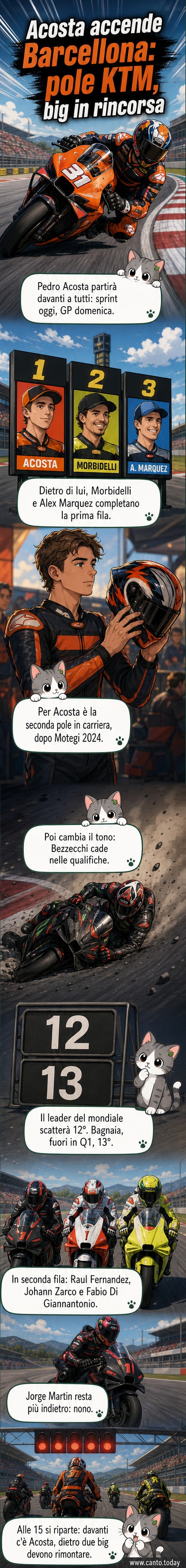 Illustrazione di Pedro Acosta in sella alla sua moto Ktm, in posizione di pole position sul circuito di Barcellona, con il cartellino 'Pole' esposto e altri piloti in lontananza.