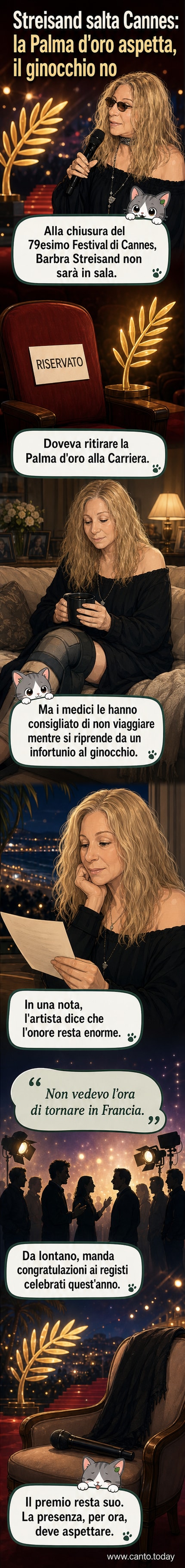 Illustrazione stilizzata di Barbra Streisand con un abito da sera, in piedi lontano dal palco del Festival di Cannes, con la Palma d'oro che brilla in lontananza.