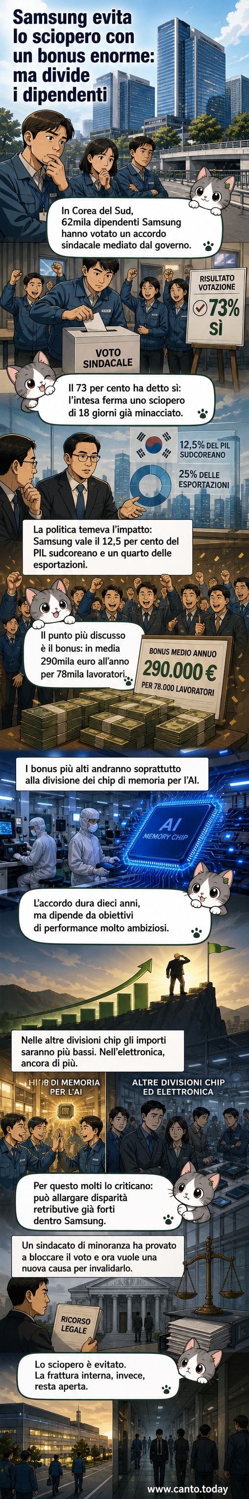 Illustrazione stilizzata di un chip con simboli di euro e una linea di lavoratori sudcoreani in discussione davanti a un edificio aziendale, con sfondo azzurro e icone di tensione e accordo.