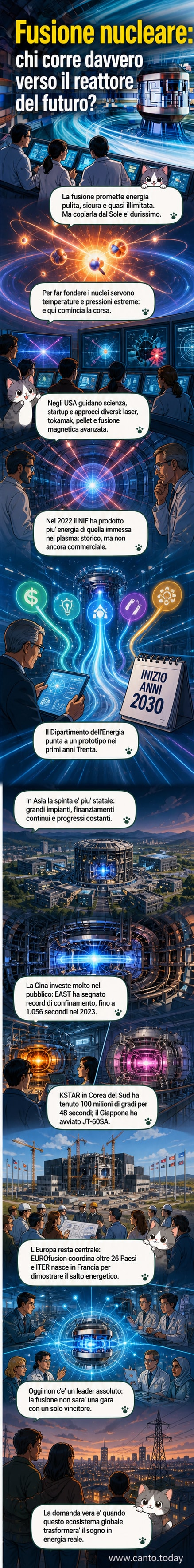 Illustrazione astratta di un reattore a fusione nucleare con plasma incandescente racchiuso in un campo magnetico, simile a un tokamak.