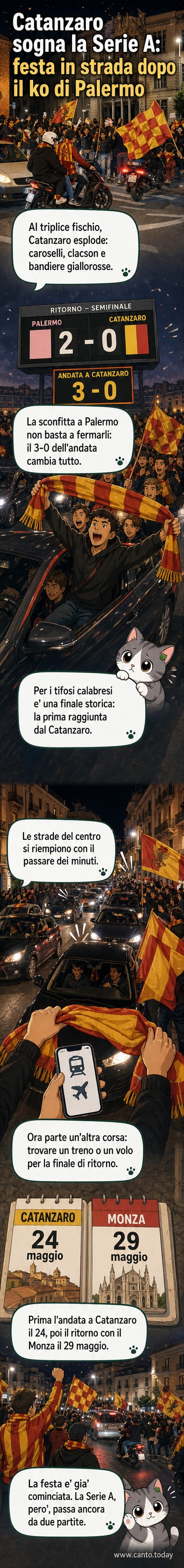 Corteo di auto con bandiere giallorosse e clacson in festa per le strade di Catanzaro dopo la qualificazione in finale per la Serie A.