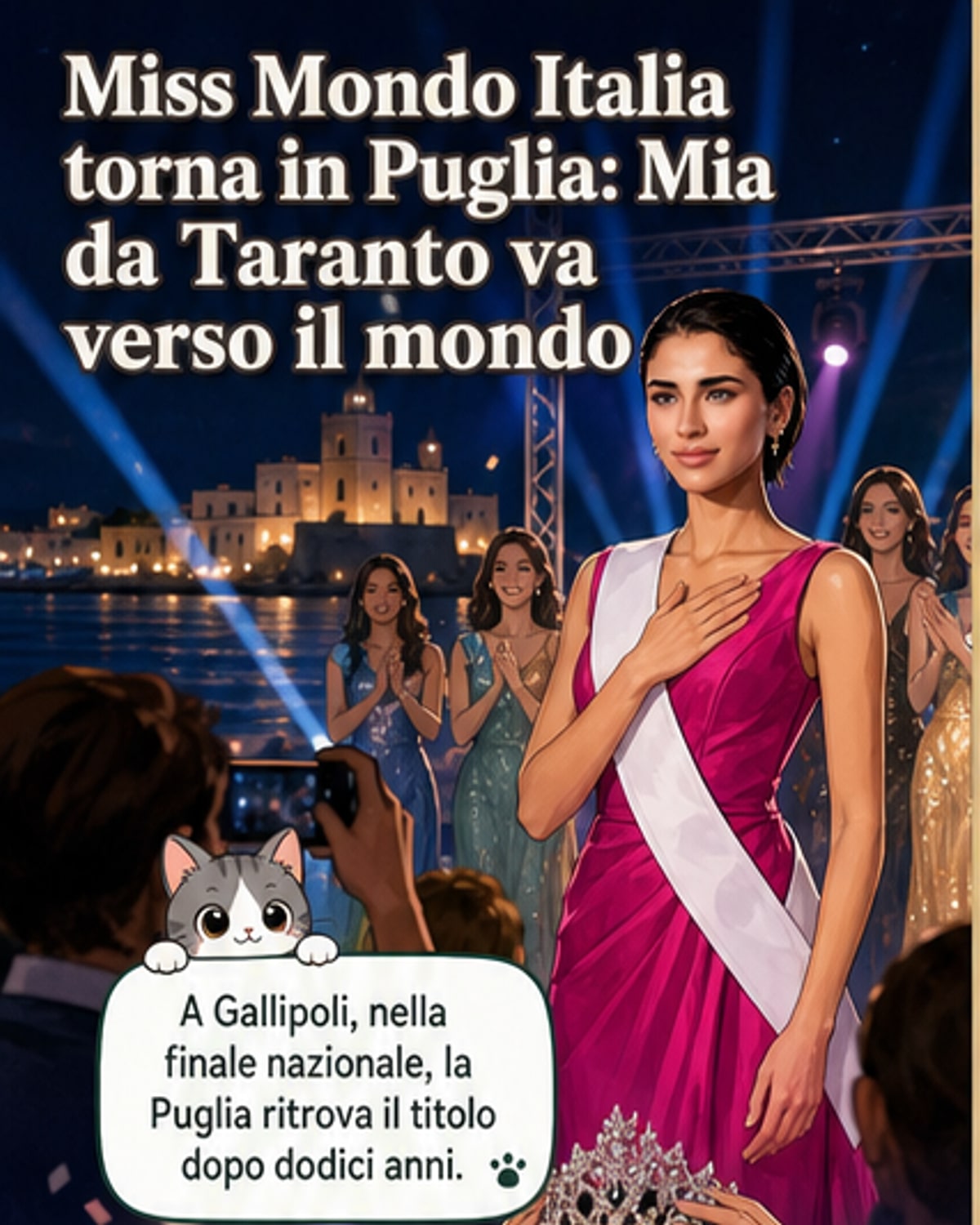 Illustrazione di Mia Zottoli Montanaro in abito da sera, incoronata Miss Mondo Italia 2026, con lo skyline di Gallipoli e il mare sullo sfondo.