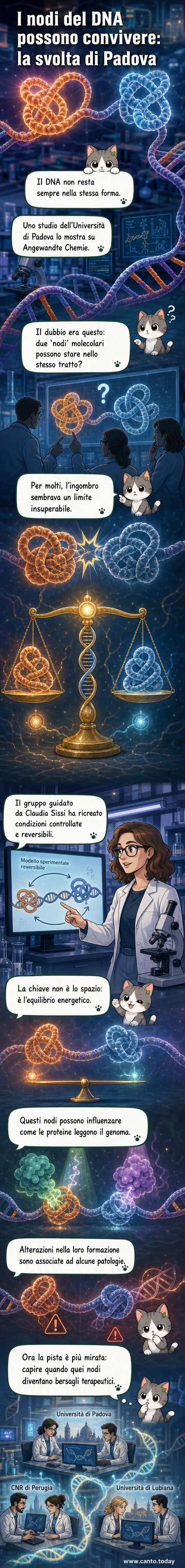 Illustrazione schematica di una molecola di DNA con nodi tridimensionali, accanto a un microscopio e formule chimiche, simboli della ricerca biomedica.