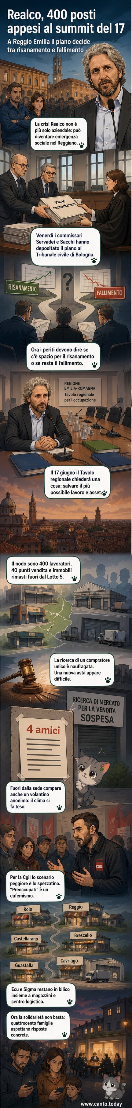 Illustrazione di un tavolo di confronto con rappresentanti sindacali, istituzioni e lavoratori, mentre un cartello con scritto 'Realco' vacilla su uno sfondo industriale.