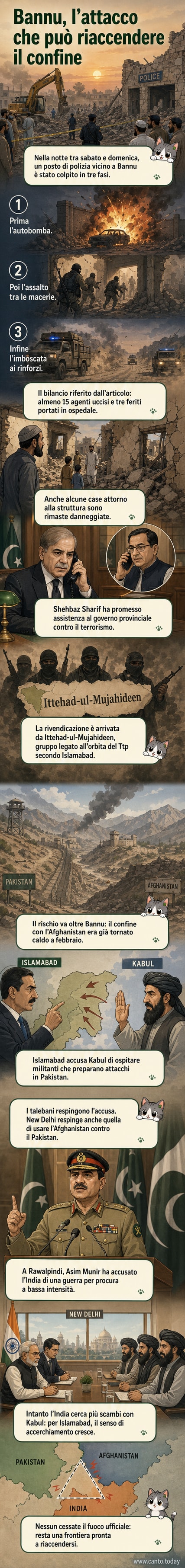 Illustrazione di un posto di polizia danneggiato dopo un attacco con autobomba e assalto armato, con droni in volo e forze di sicurezza coinvolte, scenario nel nord-ovest del Pakistan.