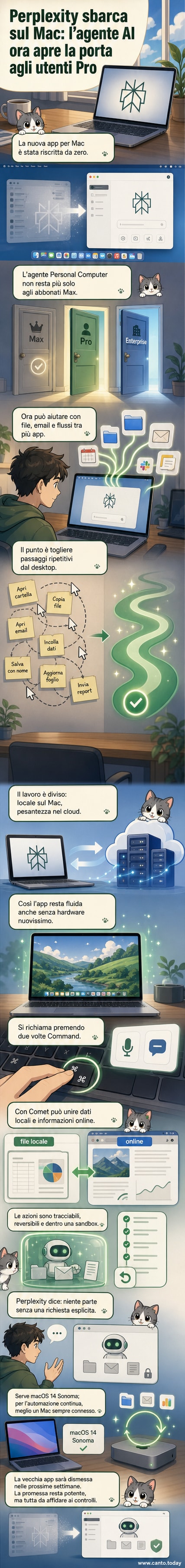 Illustrazione di un Mac con un'interfaccia AI che gestisce file, email e flussi di lavoro con un semplice comando vocale.
