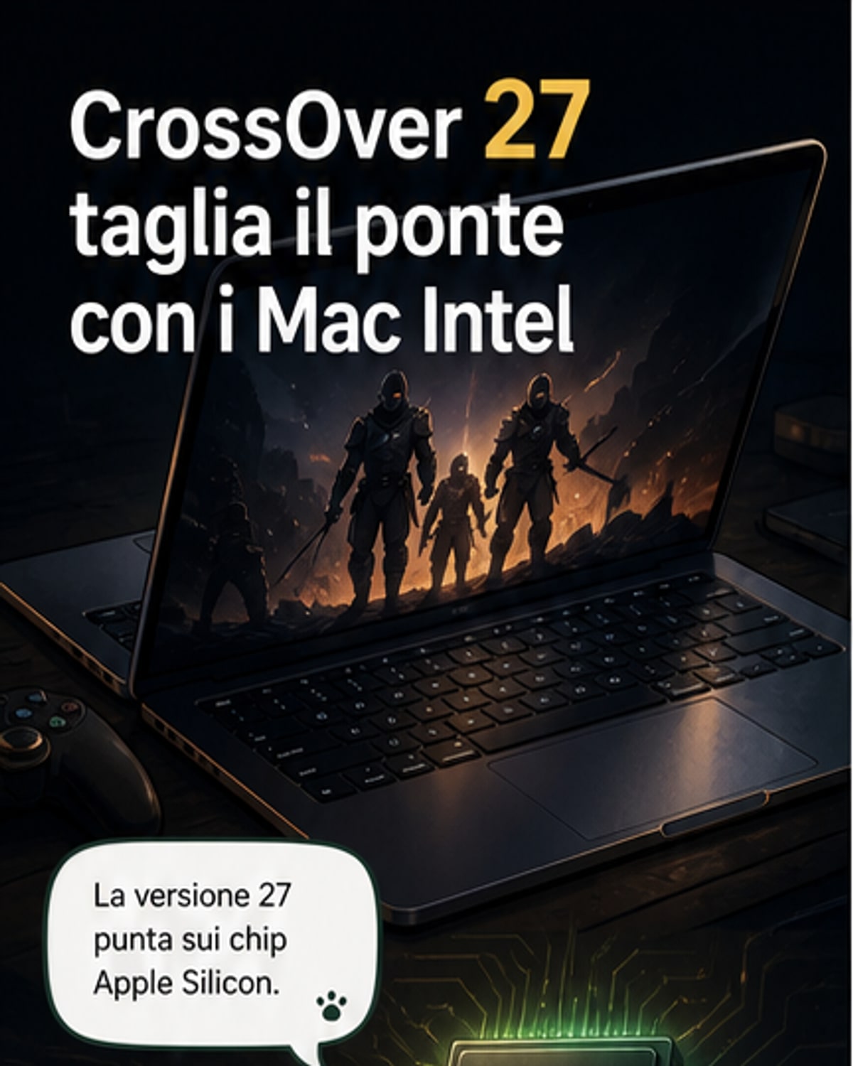 Illustrazione di un Mac con chip Apple Silicon che esegue un gioco Windows, mentre un vecchio Mac Intel viene archiviato.