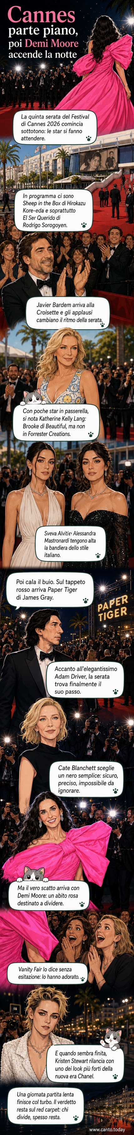Demi Moore, Cate Blanchett e Kristen Stewart sul red carpet del Festival di Cannes 2026, con abiti eleganti e distintivi in primo piano.