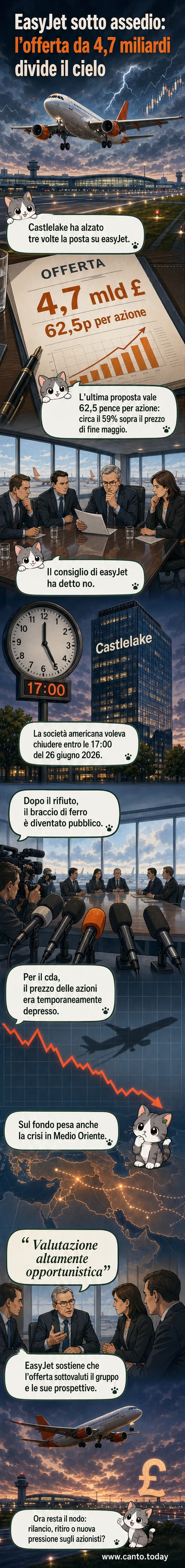 Due aziende contrapposte: Castlelake con un'offerta d'acquisto e EasyJet che la respinge, con grafica che mostra grafici azionari e tensioni geopolitiche sullo sfondo.